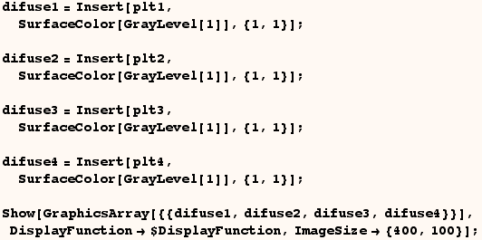 difuse1 = Insert[plt1, SurfaceColor[GrayLevel[1]], {1, 1}] ;  difuse2 = Insert ... se3, difuse4}}], DisplayFunction$DisplayFunction, ImageSize {400, 100}] ; 