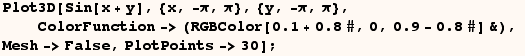 RowBox[{RowBox[{Plot3D, [, RowBox[{Sin[x + y], ,, {x, -π, π}, ,, {y, -π, π ... ox[{0.8, #}]}]}], ]}], &}], )}]}], ,,   , Mesh->False, ,, PlotPoints->30}], ]}], ;}]