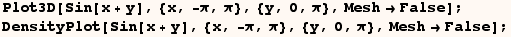 Plot3D[Sin[x + y], {x, -π, π}, {y, 0, π}, MeshFalse] ; DensityPlot[Sin[x + y], {x, -π, π}, {y, 0, π}, MeshFalse] ; 