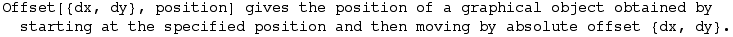 Offset[{dx, dy}, position] gives the position of a graphical object obtained by starting at the specified position and then moving by absolute offset {dx, dy}.