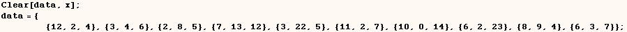 Clear[data, x] ; data = {           {12, 2, 4}, {3 ...  {2, 8, 5}, {7, 13, 12}, {3, 22, 5}, {11, 2, 7}, {10, 0, 14}, {6, 2, 23}, {8, 9, 4}, {6, 3, 7}} ; 