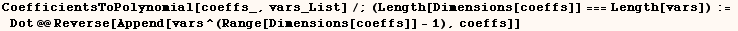 CoefficientsToPolynomial[coeffs_, vars_List]/;(Length[Dimensions[coeffs]] === Length[vars]) := Dot @@ Reverse[Append[vars^(Range[Dimensions[coeffs]] - 1), coeffs]]