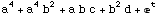 a^4 + a^4 b^2 + a b c + b^2 d + ^t