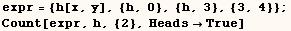 expr = {h[x, y], {h, 0}, {h, 3}, {3, 4}} ; Count[expr, h, {2}, HeadsTrue] 