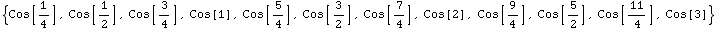 {Cos[1/4], Cos[1/2], Cos[3/4], Cos[1], Cos[5/4], Cos[3/2], Cos[7/4], Cos[2], Cos[9/4], Cos[5/2], Cos[11/4], Cos[3]}