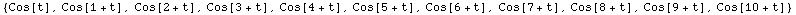 {Cos[t], Cos[1 + t], Cos[2 + t], Cos[3 + t], Cos[4 + t], Cos[5 + t], Cos[6 + t], Cos[7 + t], Cos[8 + t], Cos[9 + t], Cos[10 + t]}