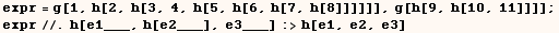 expr = g[1, h[2, h[3, 4, h[5, h[6, h[7, h[8]]]]]], g[h[9, h[10, 11]]]] ; expr//.h[e1___, h[e2___], e3___] :>h[e1, e2, e3] 