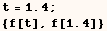 t = 1.4 ; {f[t], f[1.4]} 