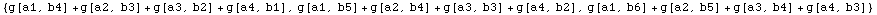 {g[a1, b4] + g[a2, b3] + g[a3, b2] + g[a4, b1], g[a1, b5] + g[a2, b4] + g[a3, b3] + g[a4, b2], g[a1, b6] + g[a2, b5] + g[a3, b4] + g[a4, b3]}