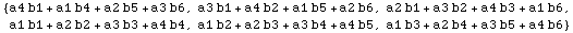 {a4 b1 + a1 b4 + a2 b5 + a3 b6, a3 b1 + a4 b2 + a1 b5 + a2 b6, a2 b1 + a3 b2 + a4 b3 + a1 b6, a1 b1 + a2 b2 + a3 b3 + a4 b4, a1 b2 + a2 b3 + a3 b4 + a4 b5, a1 b3 + a2 b4 + a3 b5 + a4 b6}