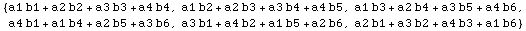 {a1 b1 + a2 b2 + a3 b3 + a4 b4, a1 b2 + a2 b3 + a3 b4 + a4 b5, a1 b3 + a2 b4 + a3 b5 + a4 b6, a4 b1 + a1 b4 + a2 b5 + a3 b6, a3 b1 + a4 b2 + a1 b5 + a2 b6, a2 b1 + a3 b2 + a4 b3 + a1 b6}