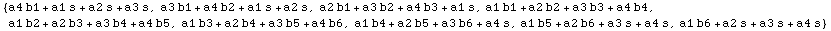 {a4 b1 + a1 s + a2 s + a3 s, a3 b1 + a4 b2 + a1 s + a2 s, a2 b1 + a3 b2 + a4 b3 + a1 s, a1 b1  ... b5 + a4 b6, a1 b4 + a2 b5 + a3 b6 + a4 s, a1 b5 + a2 b6 + a3 s + a4 s, a1 b6 + a2 s + a3 s + a4 s}