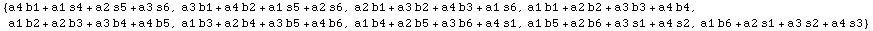 {a4 b1 + a1 s4 + a2 s5 + a3 s6, a3 b1 + a4 b2 + a1 s5 + a2 s6, a2 b1 + a3 b2 + a4 b3 + a1 s6,  ... 4 b6, a1 b4 + a2 b5 + a3 b6 + a4 s1, a1 b5 + a2 b6 + a3 s1 + a4 s2, a1 b6 + a2 s1 + a3 s2 + a4 s3}