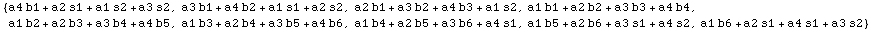 {a4 b1 + a2 s1 + a1 s2 + a3 s2, a3 b1 + a4 b2 + a1 s1 + a2 s2, a2 b1 + a3 b2 + a4 b3 + a1 s2,  ... 4 b6, a1 b4 + a2 b5 + a3 b6 + a4 s1, a1 b5 + a2 b6 + a3 s1 + a4 s2, a1 b6 + a2 s1 + a4 s1 + a3 s2}