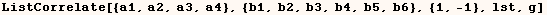 ListCorrelate[{a1, a2, a3, a4}, {b1, b2, b3, b4, b5, b6}, {1, -1}, lst, g]