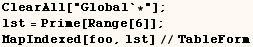 ClearAll["Global`*"] ;  lst = Prime[Range[6]] ;    MapIndexed[foo, lst]//TableForm 