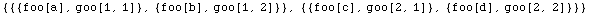 {{{foo[a], goo[1, 1]}, {foo[b], goo[1, 2]}}, {{foo[c], goo[2, 1]}, {foo[d], goo[2, 2]}}}