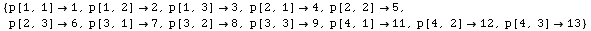 {p[1, 1] 1, p[1, 2] 2, p[1, 3] 3, p[2, 1] 4, p[2, 2] 5 ...  p[3, 2] 8, p[3, 3] 9, p[4, 1] 11, p[4, 2] 12, p[4, 3] 13}