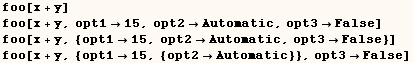 foo[x + y]  foo[x + y, opt115, opt2Automatic, opt3False] ɯ ... False}]  foo[x + y, {opt115, {opt2Automatic}}, opt3False] 