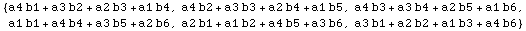 {a4 b1 + a3 b2 + a2 b3 + a1 b4, a4 b2 + a3 b3 + a2 b4 + a1 b5, a4 b3 + a3 b4 + a2 b5 + a1 b6, a1 b1 + a4 b4 + a3 b5 + a2 b6, a2 b1 + a1 b2 + a4 b5 + a3 b6, a3 b1 + a2 b2 + a1 b3 + a4 b6}