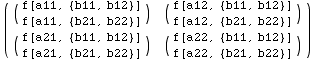 ( ( f[a11, {b11, b12}] )   ( f[a12, {b11, b12}] ) > ... , b12}] )                      f[a21, {b21, b22}]                       f[a22, {b21, b22}]