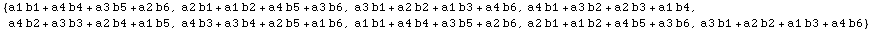 {a1 b1 + a4 b4 + a3 b5 + a2 b6, a2 b1 + a1 b2 + a4 b5 + a3 b6, a3 b1 + a2 b2 + a1 b3 + a4 b6,  ... 1 b6, a1 b1 + a4 b4 + a3 b5 + a2 b6, a2 b1 + a1 b2 + a4 b5 + a3 b6, a3 b1 + a2 b2 + a1 b3 + a4 b6}