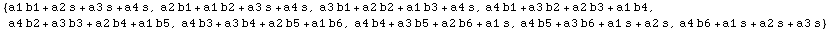 {a1 b1 + a2 s + a3 s + a4 s, a2 b1 + a1 b2 + a3 s + a4 s, a3 b1 + a2 b2 + a1 b3 + a4 s, a4 b1  ... b5 + a1 b6, a4 b4 + a3 b5 + a2 b6 + a1 s, a4 b5 + a3 b6 + a1 s + a2 s, a4 b6 + a1 s + a2 s + a3 s}