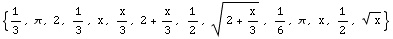 {1/3, π, 2, 1/3, x, x/3, 2 + x/3, 1/2, (2 + x/3)^(1/2), 1/6, π, x, 1/2, x^(1/2)}