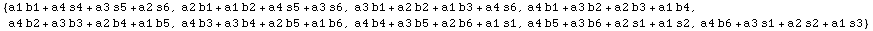 {a1 b1 + a4 s4 + a3 s5 + a2 s6, a2 b1 + a1 b2 + a4 s5 + a3 s6, a3 b1 + a2 b2 + a1 b3 + a4 s6,  ... 1 b6, a4 b4 + a3 b5 + a2 b6 + a1 s1, a4 b5 + a3 b6 + a2 s1 + a1 s2, a4 b6 + a3 s1 + a2 s2 + a1 s3}