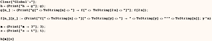 Clear["Global`*"] ;  h = (Print["h  g"] ; g) ;  g[ ... 4; 3"] ; 3) ;  s = (Print["s  t"] ; t) ;   h[m][s] 