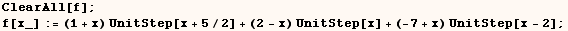 ClearAll[f] ;  f[x_] := (1 + x) UnitStep[x + 5/2] + (2 - x) UnitStep[x] + (-7 + x) UnitStep[x - 2] ; 