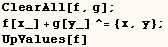 ClearAll[f, g] ;  f[x_] + g[y_]^={x, y} ; <br /> UpValues[f] 