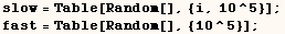 slow = Table[Random[], {i, 10^5}] ;  fast = Table[Random[], {10^5}] ; 