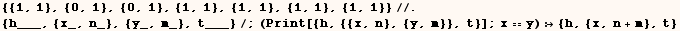 {{1, 1}, {0, 1}, {0, 1}, {1, 1}, {1, 1}, {1, 1}, {1, 1}}//.   {h___, {x_, n_}, {y_, m_}, t___}/;(Print[{h, {{x, n}, {y, m}}, t}] ; xy)  {h, {x, n + m}, t}