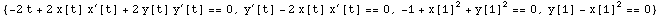 {-2 t + 2 x[t] x^′[t] + 2 y[t] y^′[t] == 0, y^′[t] - 2 x[t] x^′[t] == 0, -1 + x[1]^2 + y[1]^2 == 0, y[1] - x[1]^2 == 0}