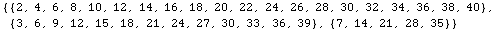 {{2, 4, 6, 8, 10, 12, 14, 16, 18, 20, 22, 24, 26, 28, 30, 32, 34, 36, 38, 40}, {3, 6, 9, 12, 15, 18, 21, 24, 27, 30, 33, 36, 39}, {7, 14, 21, 28, 35}}