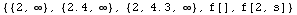 {{2, ∞}, {2.4, ∞}, {2, 4.3, ∞}, f[], f[2, s]}