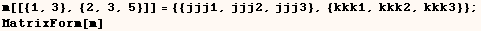 m[[{1, 3}, {2, 3, 5}]] = {{jjj1, jjj2, jjj3}, {kkk1, kkk2, kkk3}} ;  MatrixForm[m] 