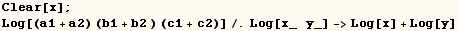 Clear[x] ;  Log[(a1 + a2) (b1 + b2 ) (c1 + c2)]/.Log[x_   y_] ->Log[x] + Log[y] 