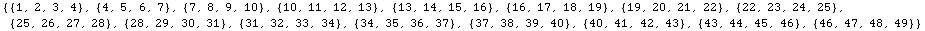 {{1, 2, 3, 4}, {4, 5, 6, 7}, {7, 8, 9, 10}, {10, 11, 12, 13}, {13, 14, 15, 16}, {16, 17, 18, 1 ... 33, 34}, {34, 35, 36, 37}, {37, 38, 39, 40}, {40, 41, 42, 43}, {43, 44, 45, 46}, {46, 47, 48, 49}}