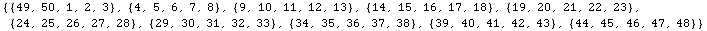 {{49, 50, 1, 2, 3}, {4, 5, 6, 7, 8}, {9, 10, 11, 12, 13}, {14, 15, 16, 17, 18}, {19, 20, 21, 2 ... , 27, 28}, {29, 30, 31, 32, 33}, {34, 35, 36, 37, 38}, {39, 40, 41, 42, 43}, {44, 45, 46, 47, 48}}