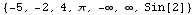 {-5, -2, 4, π, -∞, ∞, Sin[2]}