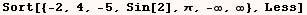 Sort[{-2, 4, -5, Sin[2], π, -∞, ∞}, Less]