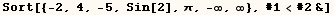 Sort[{-2, 4, -5, Sin[2], π, -∞, ∞}, #1<#2&]