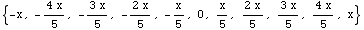 {-x, -(4 x)/5, -(3 x)/5, -(2 x)/5, -x/5, 0, x/5, (2 x)/5, (3 x)/5, (4 x)/5, x}