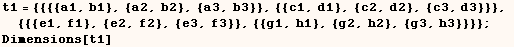 t1 = {{{{a1, b1}, {a2, b2}, {a3, b3}}, {{c1, d1}, {c2, d2}, {c3, d3}}},  {{{e1, f1}, {e2, f2}, {e3, f3}}, {{g1, h1}, {g2, h2}, {g3, h3}}}} ;    Dimensions[t1] 