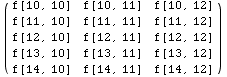 ( f[10, 10]   f[10, 11]   f[10, 12] )            f[11, 10]   f[11, 11]   f[11, ... [12, 12]            f[13, 10]   f[13, 11]   f[13, 12]            f[14, 10]   f[14, 11]   f[14, 12]
