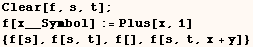Clear[f, s, t] ; f[x__Symbol] := Plus[x, 1] {f[s], f[s, t], f[], f[s, t, x + y]} 