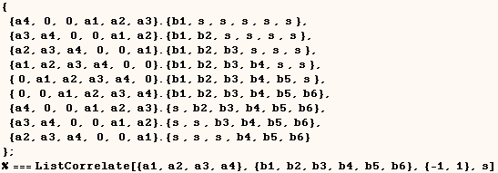 { {a4, 0, 0, a1, a2, a3} . {b1, s , s , s , s , s },  {a3, a4, 0, 0, a1, a2} . ...  } ;  % === ListCorrelate[{a1, a2, a3, a4}, {b1, b2, b3, b4, b5, b6}, {-1, 1}, s] 