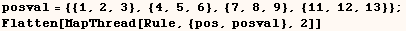 posval = {{1, 2, 3}, {4, 5, 6}, {7, 8, 9}, {11, 12, 13}} ;    Flatten[MapThread[Rule, {pos, posval}, 2]] 